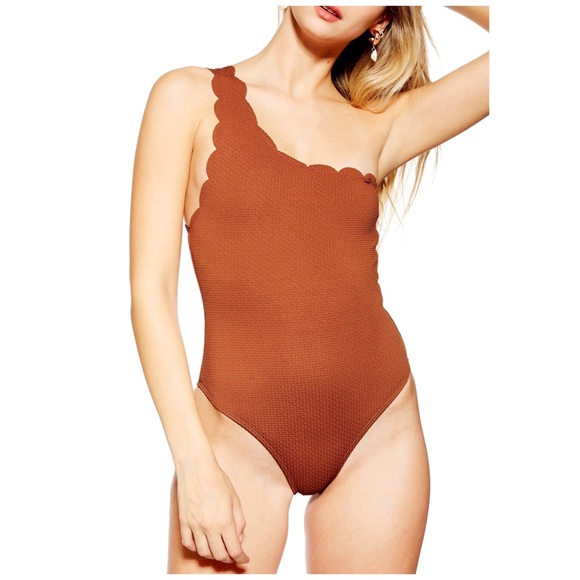 Topshop scallop one shoulder one piece swimsuit rust size 2 - Picture 2 of 8